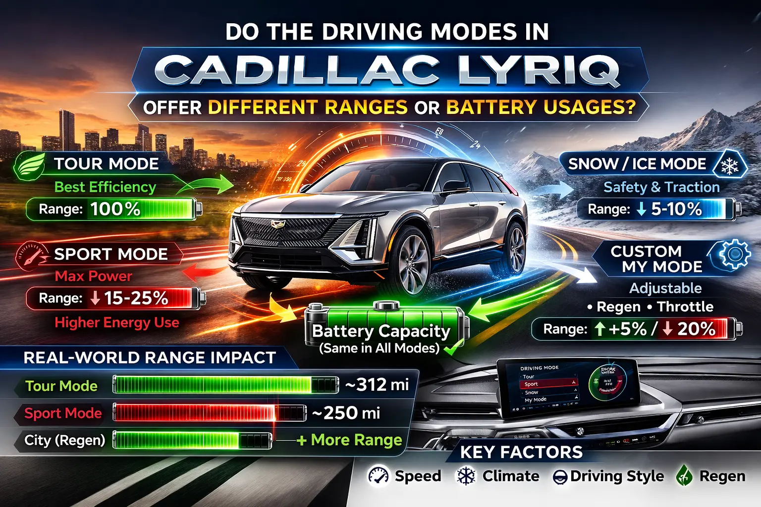 do the driving modes in cadillac lyriq offer different ranges or battery usages?